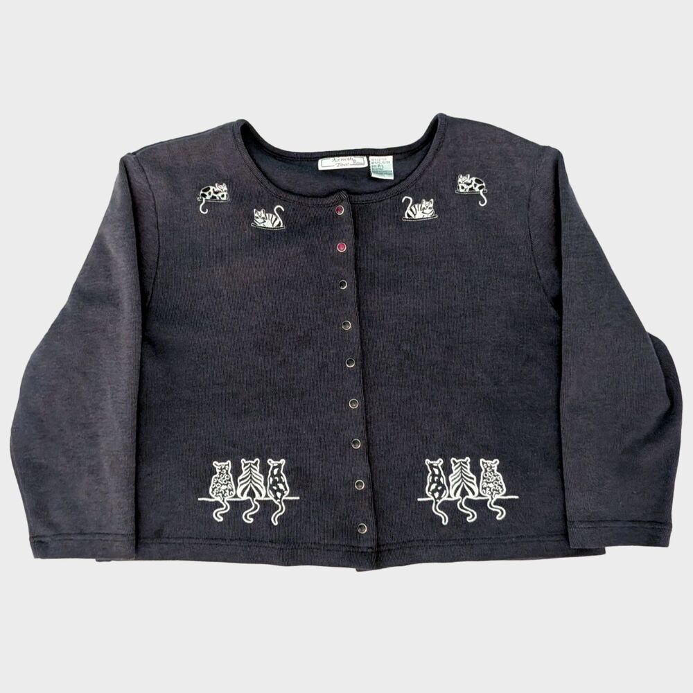 Vintage Cat Cardigan Sweater Womens L Petite Cottagecore Grandmacore Whimsigoth